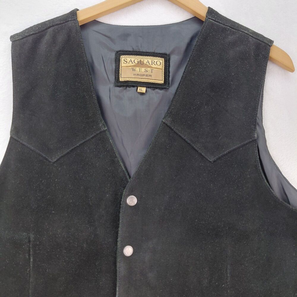 Saguaro West Roper Suede Vest Mens XL Black Leather Western Cowboy Biker VTG - Picture 2 of 10